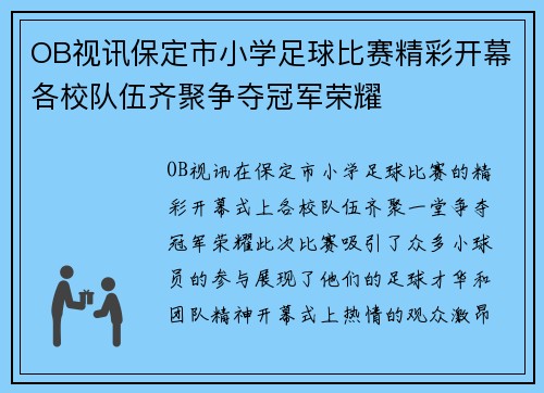 OB视讯保定市小学足球比赛精彩开幕各校队伍齐聚争夺冠军荣耀