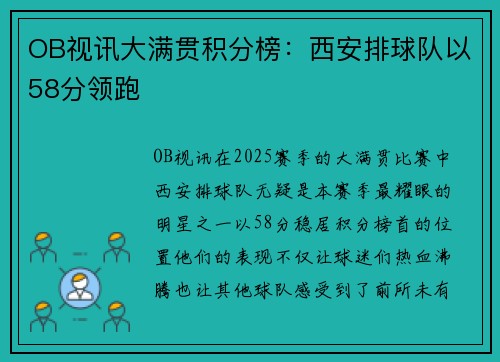 OB视讯大满贯积分榜：西安排球队以58分领跑