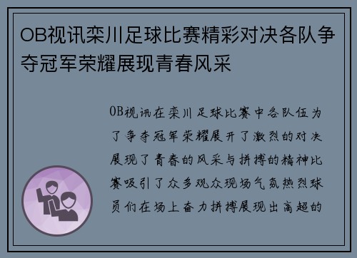 OB视讯栾川足球比赛精彩对决各队争夺冠军荣耀展现青春风采