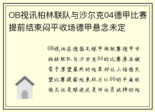 OB视讯柏林联队与沙尔克04德甲比赛提前结束闷平收场德甲悬念未定